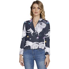 Space Cat Illustration Pattern Astronaut Women s Long Sleeve Revers Collar Cropped Jacket by Wav3s