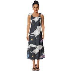 Space Cat Illustration Pattern Astronaut Tie-strap Tiered Midi Chiffon Dress