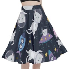 Space Cat Illustration Pattern Astronaut A-line Full Circle Midi Skirt With Pocket