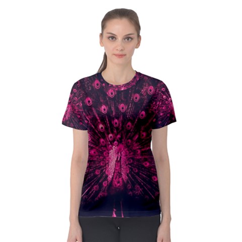 Peacock Pink Black Feather Abstract Women s Sport Mesh Tee by Wav3s