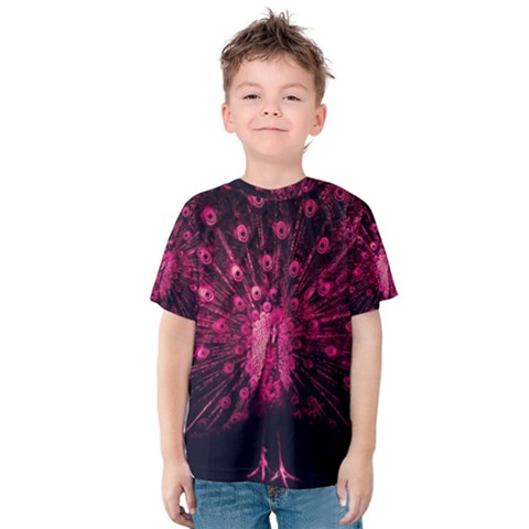 Peacock Pink Black Feather Abstract Kids  Cotton Tee by Wav3s