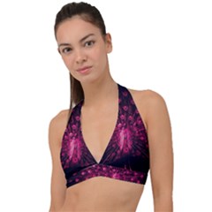 Peacock Pink Black Feather Abstract Halter Plunge Bikini Top by Wav3s