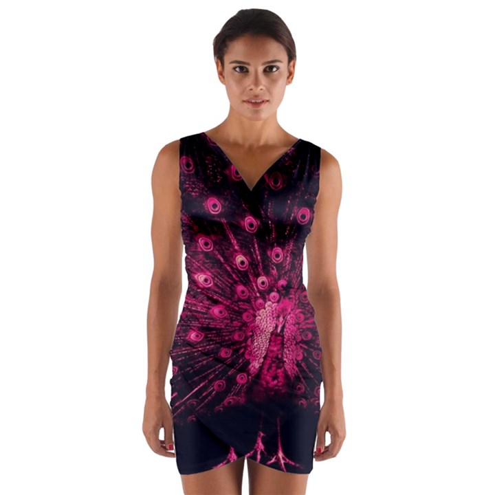 Peacock Pink Black Feather Abstract Wrap Front Bodycon Dress