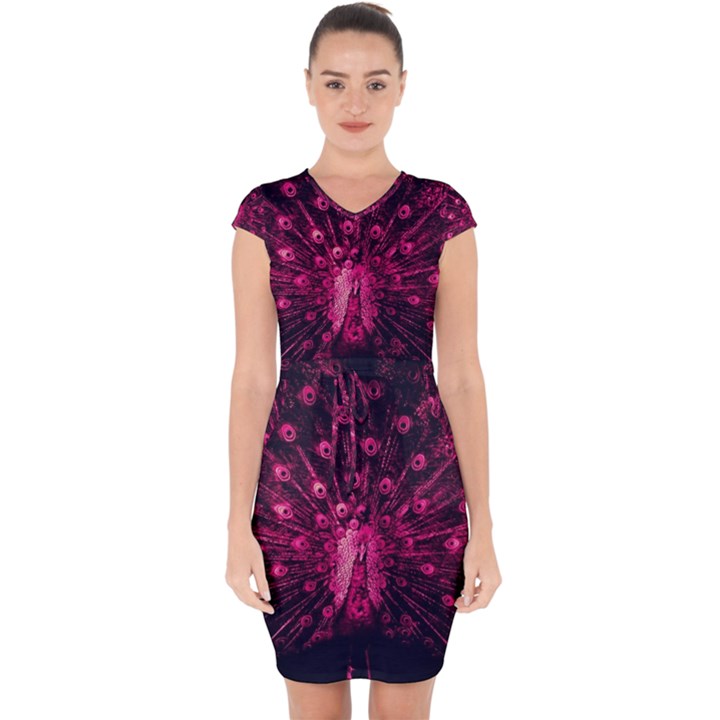 Peacock Pink Black Feather Abstract Capsleeve Drawstring Dress 