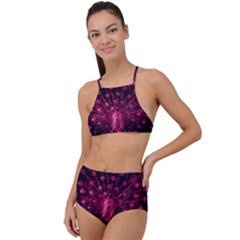 Peacock Pink Black Feather Abstract High Waist Tankini Set by Wav3s