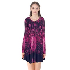 Peacock Pink Black Feather Abstract Long Sleeve V-neck Flare Dress by Wav3s