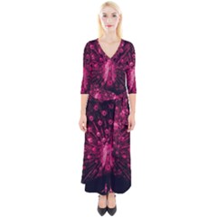 Peacock Pink Black Feather Abstract Quarter Sleeve Wrap Maxi Dress by Wav3s