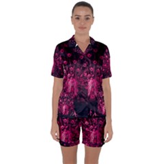 Peacock Pink Black Feather Abstract Satin Short Sleeve Pajamas Set by Wav3s