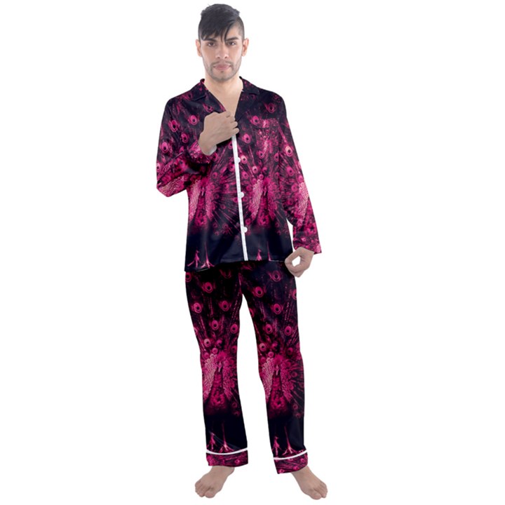 Peacock Pink Black Feather Abstract Men s Long Sleeve Satin Pajamas Set