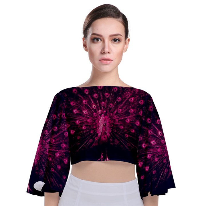 Peacock Pink Black Feather Abstract Tie Back Butterfly Sleeve Chiffon Top