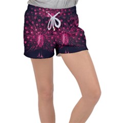 Peacock Pink Black Feather Abstract Women s Velour Lounge Shorts by Wav3s