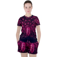 Peacock Pink Black Feather Abstract Women s Tee And Shorts Set