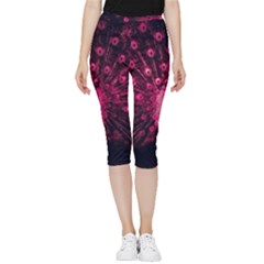 Peacock Pink Black Feather Abstract Inside Out Lightweight Velour Capri Leggings  by Wav3s