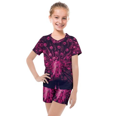 Peacock Pink Black Feather Abstract Kids  Mesh Tee And Shorts Set by Wav3s