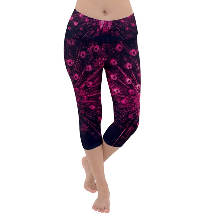 Peacock Pink Black Feather Abstract Lightweight Velour Capri Yoga Leggings