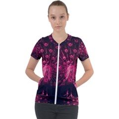 Peacock Pink Black Feather Abstract Short Sleeve Zip Up Jacket by Wav3s