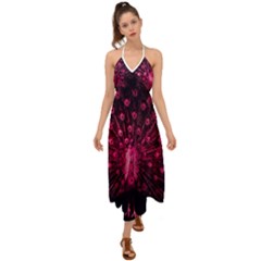 Peacock Pink Black Feather Abstract Halter Tie Back Dress  by Wav3s