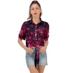 Peacock Pink Black Feather Abstract Tie Front Shirt 