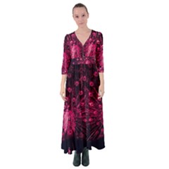 Peacock Pink Black Feather Abstract Button Up Maxi Dress by Wav3s