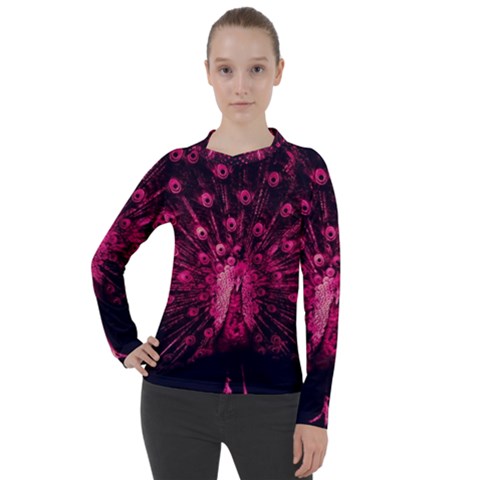 Peacock Pink Black Feather Abstract Women s Pique Long Sleeve Tee by Wav3s