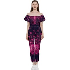 Peacock Pink Black Feather Abstract Off Shoulder Ruffle Top Jumpsuit by Wav3s