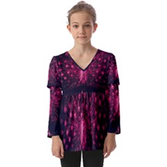 Peacock Pink Black Feather Abstract Kids  V Neck Casual Top by Wav3s