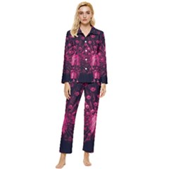 Peacock Pink Black Feather Abstract Womens  Long Sleeve Velvet Pocket Pajamas Set by Wav3s