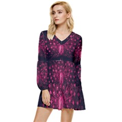 Peacock Pink Black Feather Abstract Tiered Long Sleeve Mini Dress by Wav3s