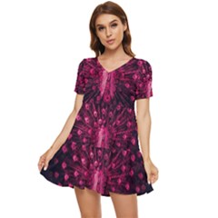 Peacock Pink Black Feather Abstract Tiered Short Sleeve Babydoll Dress by Wav3s