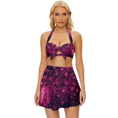 Peacock Pink Black Feather Abstract Vintage Style Bikini Top And Skirt Set  by Wav3s