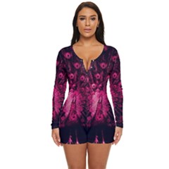 Peacock Pink Black Feather Abstract Long Sleeve Boyleg Swimsuit by Wav3s