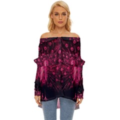 Peacock Pink Black Feather Abstract Off Shoulder Chiffon Pocket Shirt by Wav3s