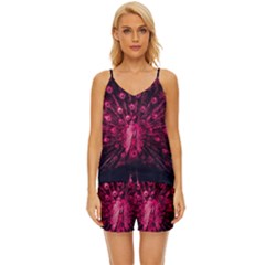 Peacock Pink Black Feather Abstract V-neck Satin Pajamas Set by Wav3s