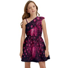 Peacock Pink Black Feather Abstract Kids  One Shoulder Party Dress by Wav3s