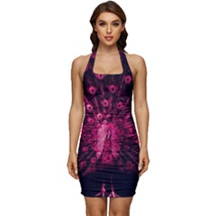 Peacock Pink Black Feather Abstract Sleeveless Wide Square Neckline Ruched Bodycon Dress by Wav3s