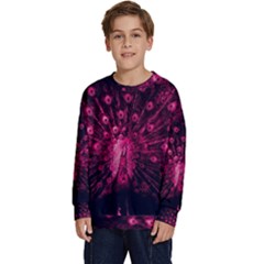 Peacock Pink Black Feather Abstract Kids  Long Sleeve Jersey by Wav3s