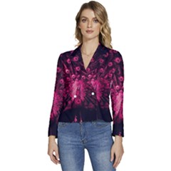 Peacock Pink Black Feather Abstract Women s Long Sleeve Revers Collar Cropped Jacket by Wav3s