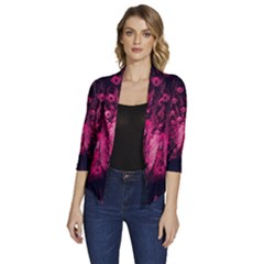 Peacock Pink Black Feather Abstract Women s Draped Front 3/4 Sleeve Shawl Collar Jacket by Wav3s