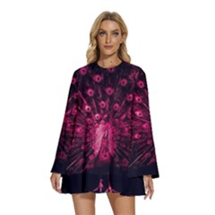 Peacock Pink Black Feather Abstract Round Neck Long Sleeve Bohemian Style Chiffon Mini Dress by Wav3s