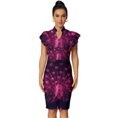 Peacock Pink Black Feather Abstract Vintage Frill Sleeve V-neck Bodycon Dress by Wav3s