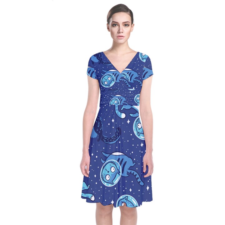 Cat Spacesuit Space Suit Astronaut Pattern Short Sleeve Front Wrap Dress