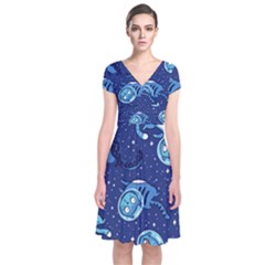 Cat Spacesuit Space Suit Astronaut Pattern Short Sleeve Front Wrap Dress by Wav3s