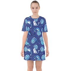 Cat Spacesuit Space Suit Astronaut Pattern Sixties Short Sleeve Mini Dress by Wav3s