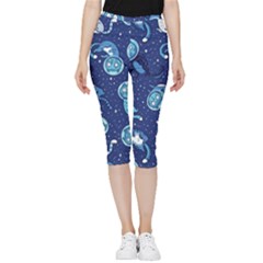 Cat Spacesuit Space Suit Astronaut Pattern Inside Out Lightweight Velour Capri Leggings  by Wav3s