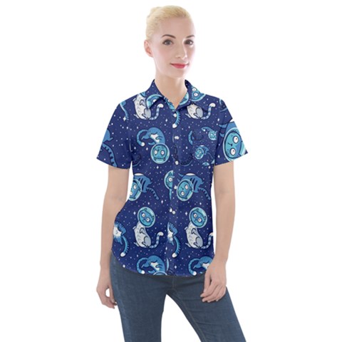 Cat Spacesuit Space Suit Astronaut Pattern Women s Short Sleeve Pocket Shirt by Wav3s