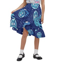 Cat Spacesuit Space Suit Astronaut Pattern Kids  Ruffle Flared Wrap Midi Skirt by Wav3s