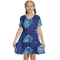 Cat Spacesuit Space Suit Astronaut Pattern Kids  Short Sleeve Tiered Mini Dress by Wav3s