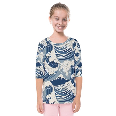 Japanese Wave Pattern Kids  Quarter Sleeve Raglan Tee by Wav3s