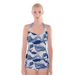 Japanese Wave Pattern Boyleg Halter Swimsuit  by Wav3s