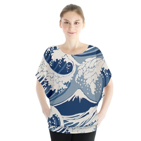 Japanese Wave Pattern Batwing Chiffon Blouse by Wav3s